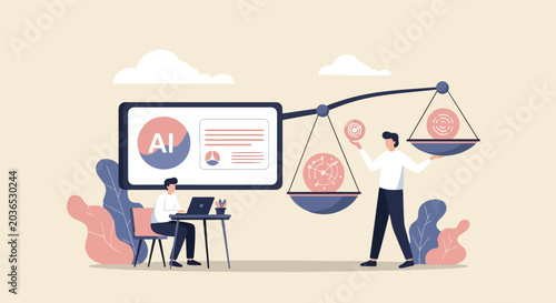 Photos Businessman balancing AI scales with data.