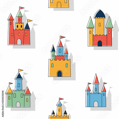 Colorful cartoon castles with flags towers.
