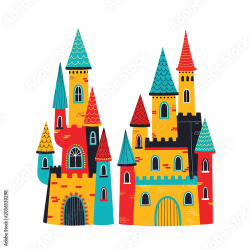 Colorful cartoon castle towers architecture.