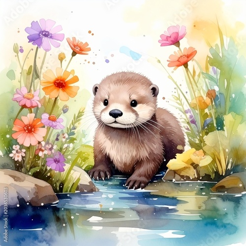 Aquarell-Otterbaby im Frühling
