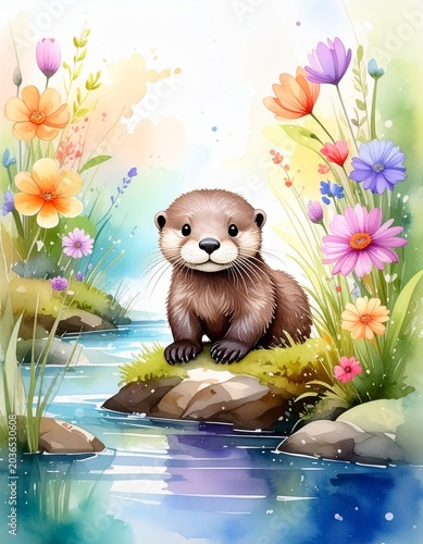 Aquarell-Otterbaby im Frühling