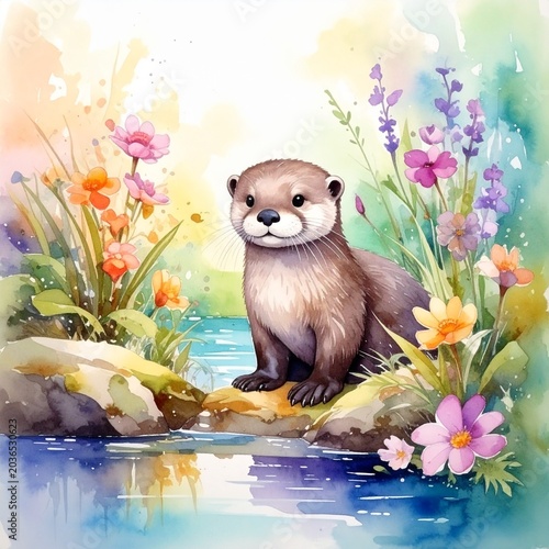Aquarell-Otterbaby im Frühling