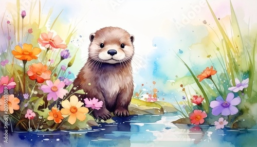 Aquarell-Otterbaby im Frühling