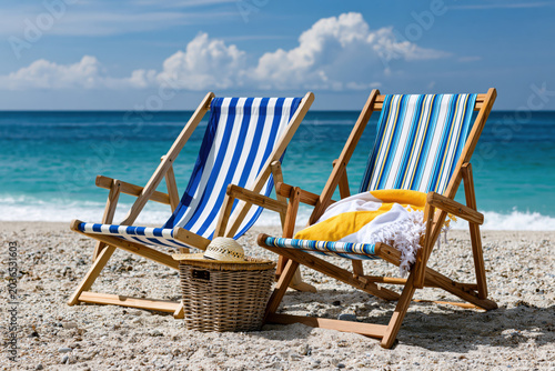 two empty chairs on a beach