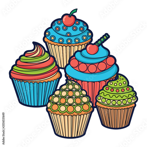 Colorful Cartoon Cupcakes with Decorations.