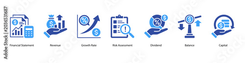 Fotografie Financial Reports web banner icon vector illustration featuring Financial Statement, Revenue, Growth Rate, Risk Assessment, Dividend, Balance, and Capital