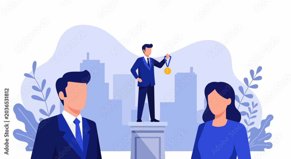 Naklejka premium Businessman Holding Gold Medal on Pedestal for Career Achievement