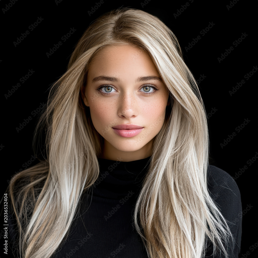 Naklejka premium Blonde woman portrait blue eye long hair black top youthful natural makeup confident beauty studio black background