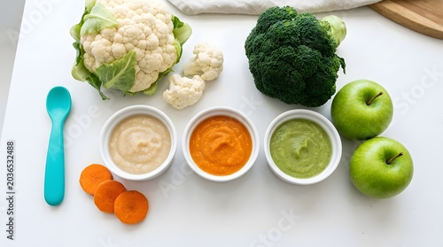 Healthy baby food puree assortment with fresh organic cauliflower broccoli and green apple.