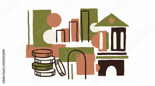 Cityscape with buildings and coins.
