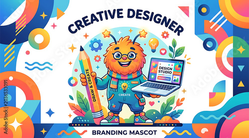 Colorful Graphic Designer Mascot Character with Creative Art Elements
