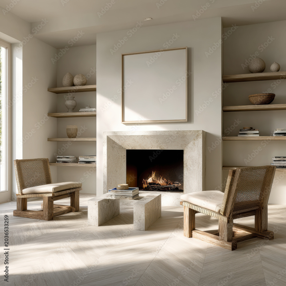 Fototapeta premium Modern living room with fireplace wooden chairs neutral tones minimalist decor natural light cozy atmosphere elegant style serene mood