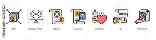 Konstfotografi Financial Planning web banner icon vector illustration featuring Cost, Break Even Point, Expense, Accounting, Satisfaction, Tax, and Profit Growth