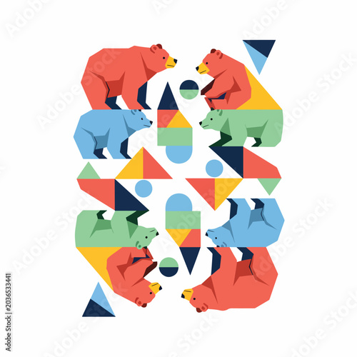 Colorful bears in geometric shapes arrangement.