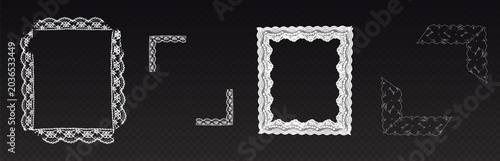 Coquette lace border, white frame with vintage floral ornament, realistic vector design on transparent background. Decorative corner pattern for wedding cards, invitations, intricate crochet elements