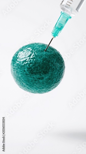 Green textured sphere being pierced by syringe on white background