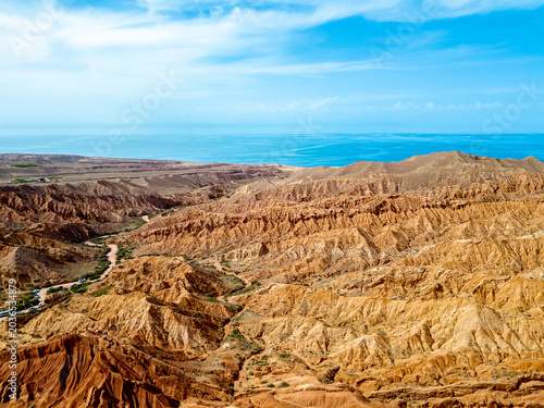 Aerial view of Fairy Tale Canyon near Issyk-Kul Lake in Kyrgyzstan, also known as  Skazka Canyon