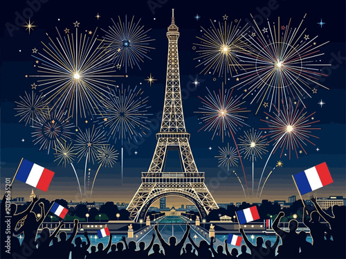 Photography Eiffel Tower Fireworks Celebration with Crowd Waving French Flags for Bastille D