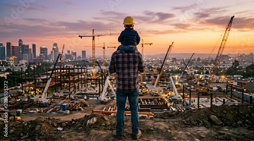 Father and son view construction site with city skyline at sunset.