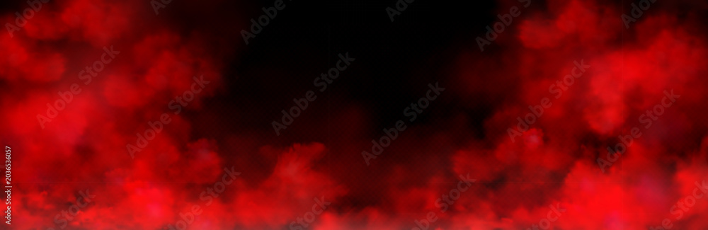 Obraz premium Red smoke clouds, realistic vector paint powder frame on transparent background with dramatic dark effect. Mysterious fog with dust or mist texture, abstract cloudy border design