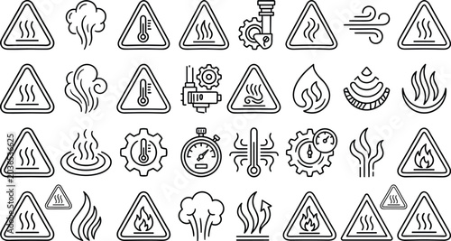Industrial hot surface and high temperature hazard warning line art vector icon set featuring fire steam and thermometers