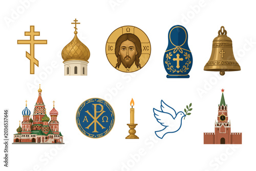 Vsai orthodox christian religious symbols with russian landmarks icons