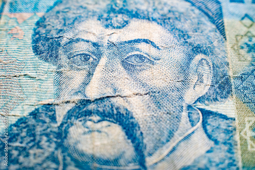 Close-up of historical portrait on blue banknote