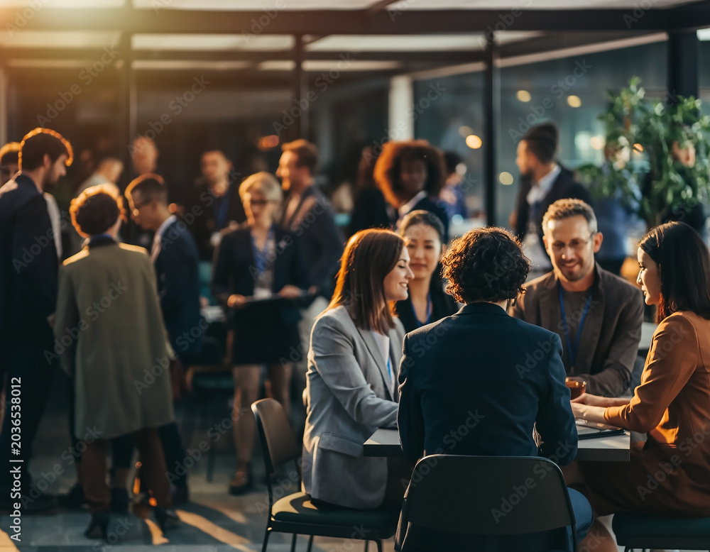 Obraz premium Corporate evening networking blur with silhouettes and warm lights. Elegant business event atmosphere ideal for communication and professional lifestyle concepts.