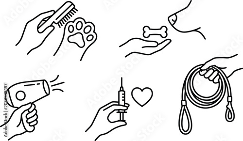 Pet care and grooming hand gestures line art vector icon set featuring dog leash syringe comb and bone treat
