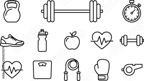Fotografie Fitness gym workout and healthy lifestyle line art vector icon set featuring bar