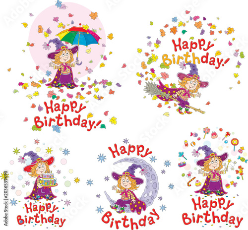 Happy birthday cards with a funny little witch, a set of vector cartoon illustrations isolated on a white background