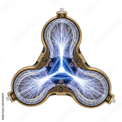 Futuristic tri-spinner device with glowing blue energy streams