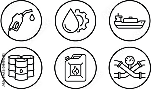 Oil and gas petroleum industry line art vector icon set featuring fuel nozzle tanker ship barrels and pipelines