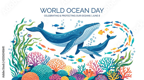 Humpback whales and school of fish for world ocean day