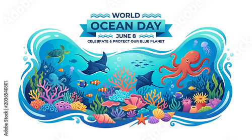 World ocean day graphic with octopus and stingrays