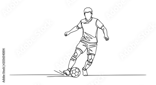 Continuous line drawing of a soccer player dribbling a ball, athletic, energetic, sports illustration