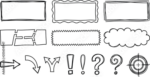 Hand drawn scribble border banner and arrow line art vector icon set featuring question marks and target symbol