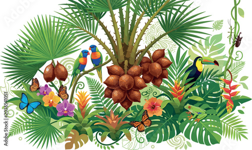 Quadro su tela Tropical Rainforest Jungle Vector Illustration Featuring Palm Trees Exotics Frui