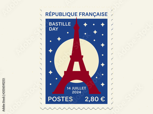 Fotografía Bastille Day Commemorative Postage Stamp Illustration with Eiffel Tower and Full