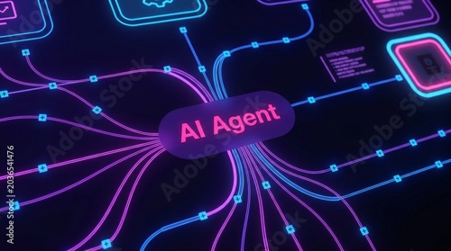 AI workflow automation artificial intelligence agent software interface nodes triggers data tool dashboard coding icon flow process database technology 3d rendering