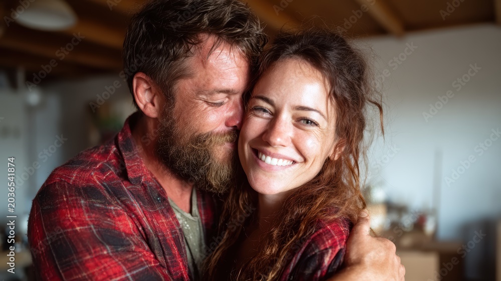 Fototapeta premium A cheerful couple stands together, their love evident as they embrace warmly, showcasing happiness and connection in a cozy indoor environment filled with warmth.
