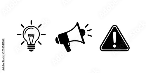 Light Bulb Idea Icon, Megaphone Announcement Symbol, and Warning Triangle Exclamation Sign Set for Alert Messaging