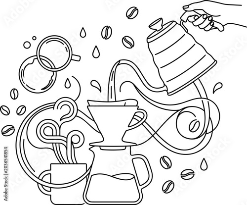 Tableau sur toile Pour over coffee brewing process line art vector illustration featuring hand hol
