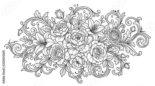 Obraz na płótnie Intricate floral design with roses and leaves.