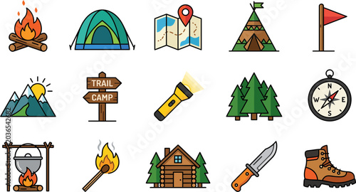 Obraz na plátně Colorful flat vector graphic illustration set of essential camping and hiking eq