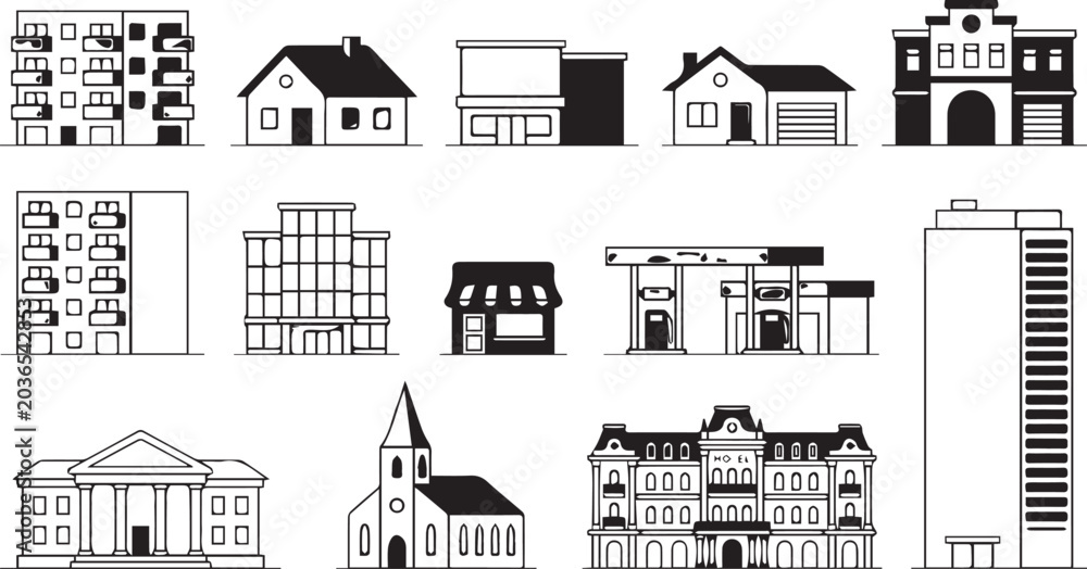 Fototapeta premium Black and White Building Icon Collection Featuring Residential Commercial Religious and Institutional Architecture Designs