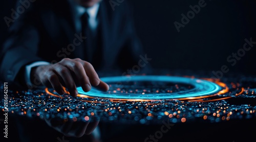 Businessman's hand touches futuristic glowing interface with abstract data visualization and technology
