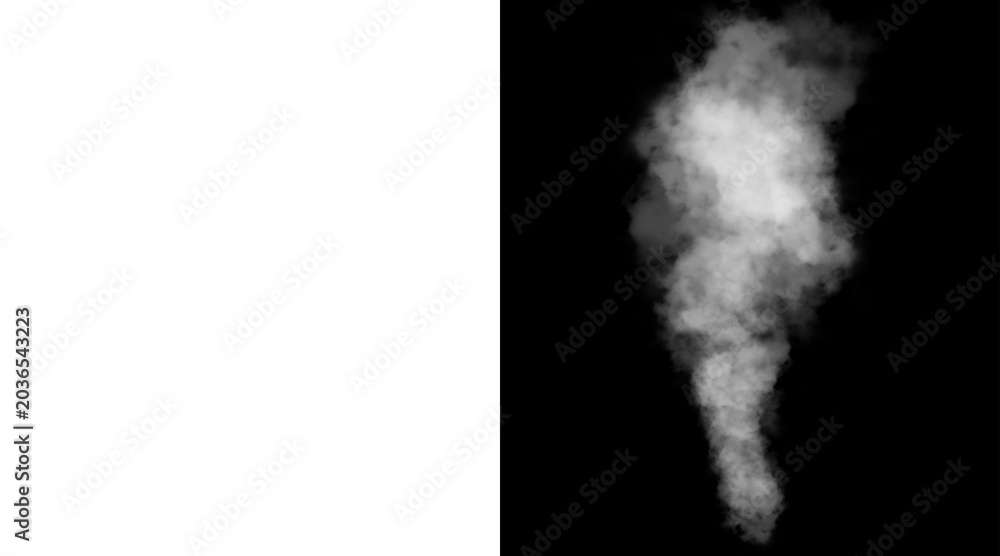 Fototapeta premium White smoke plume on black background, realistic steam cloud texture, atmospheric vapor mist effect for compositing and design