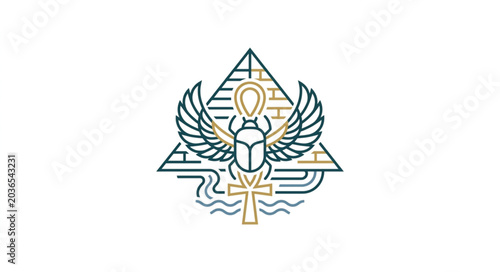 Foto Ancient Egyptian Symbols Ankh Scarab Winged Pyramid.