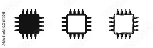 Foto CPU microchip processor icon set in solid, outline, and sketch styles